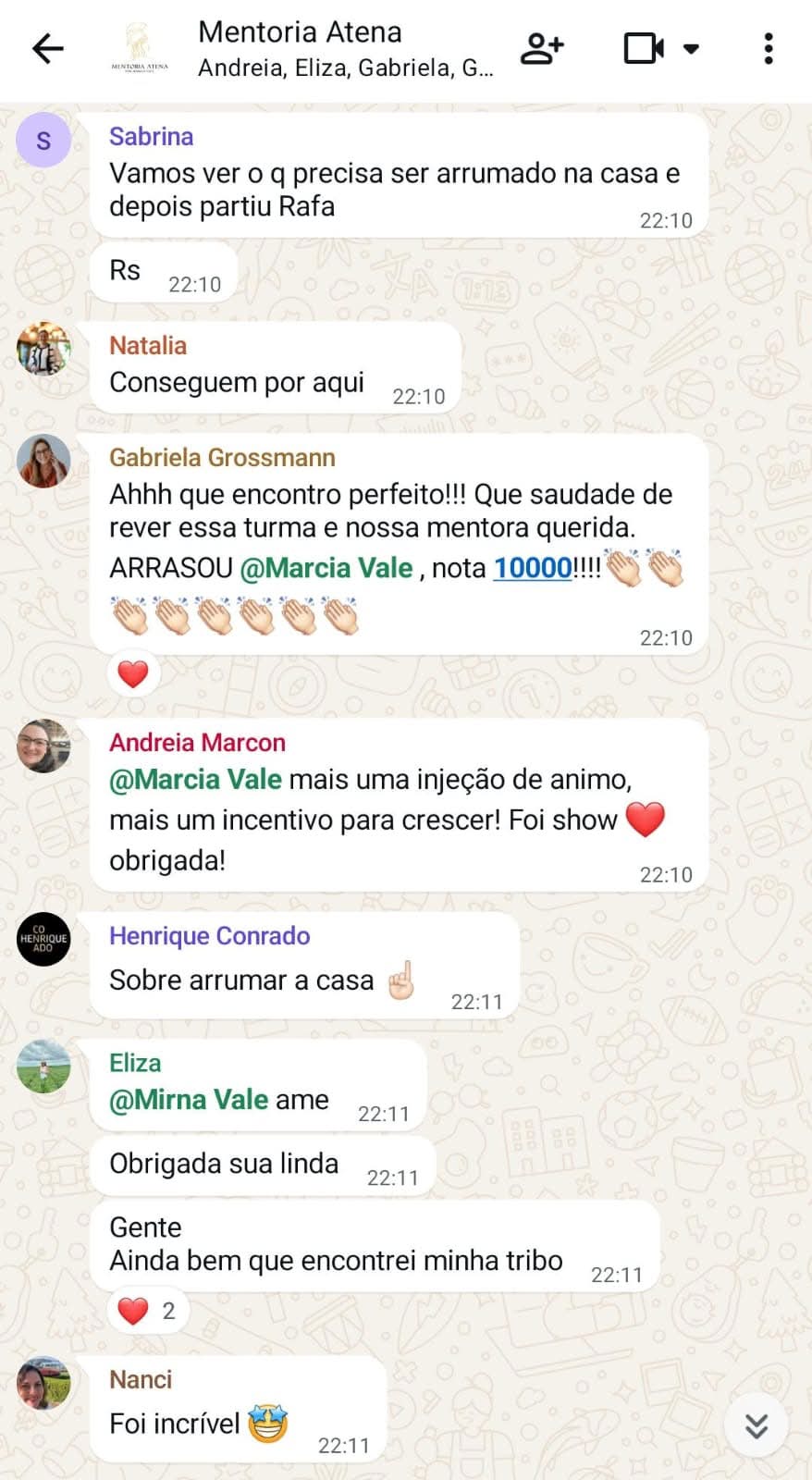 Turma da mentoria elogiando a aula, nota 10000